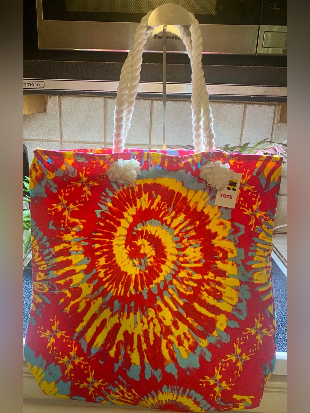 Spiral Tie-Dye Rope-Handle Tote in Red & Yellow